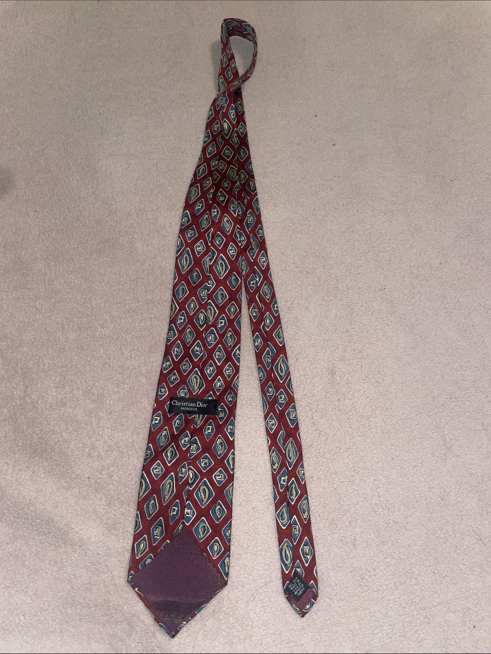 Christian Dior Burgundy Silk Tie with Blue & Cream Diamond Motif paisley vintage